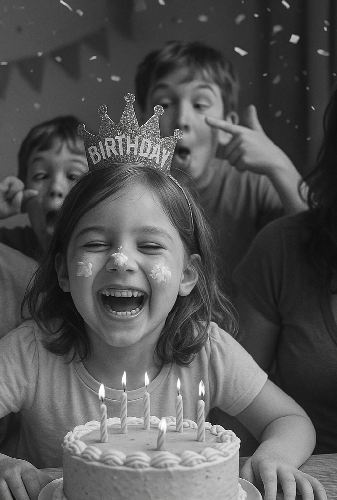 a funny picture of a young girl in her birthday with her family. black and white