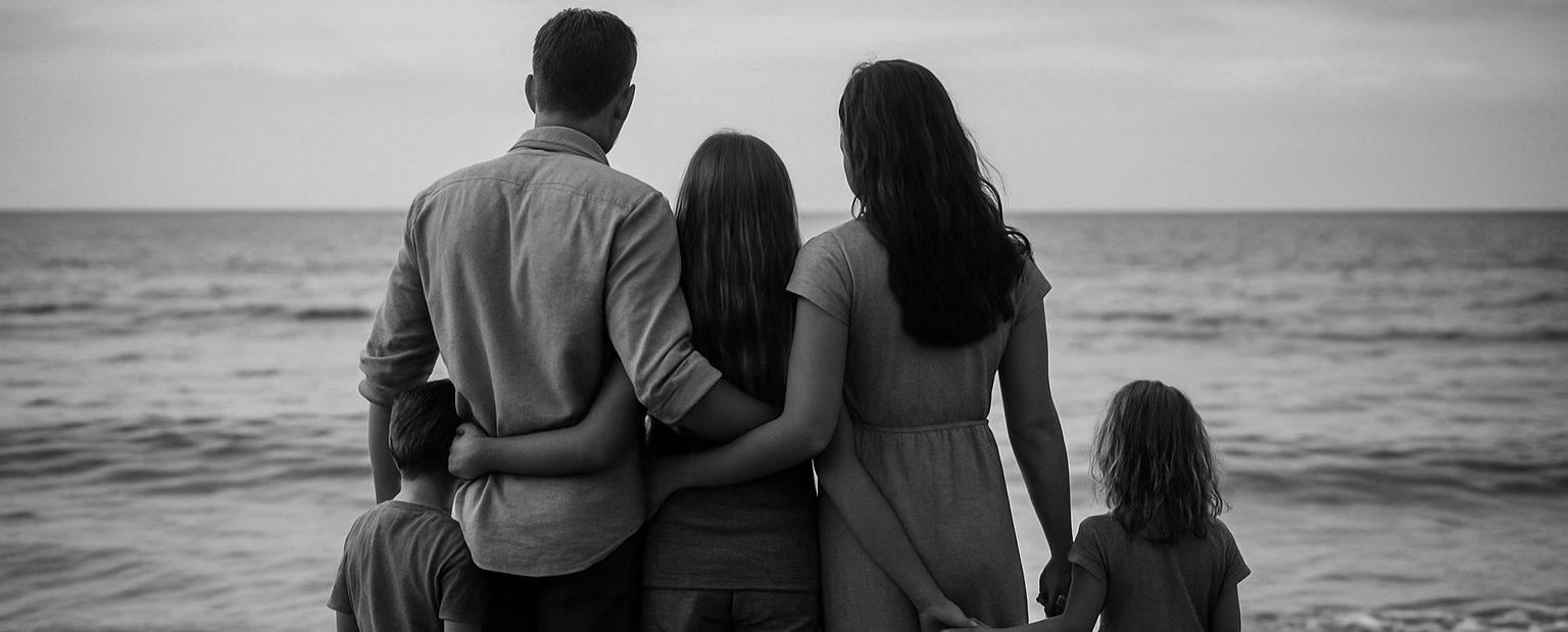Photo of a family looking to the sea in black and white.